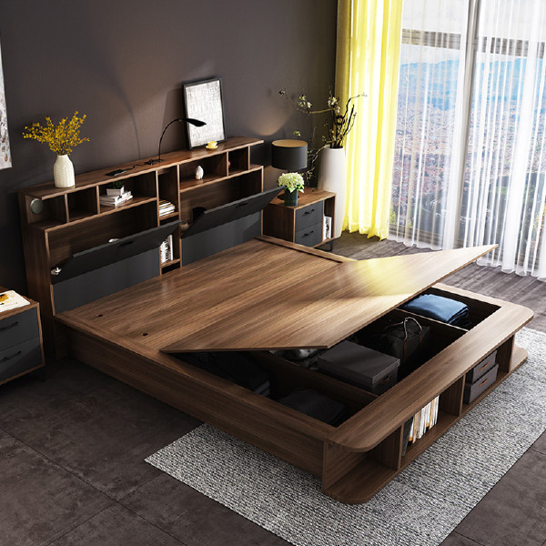 Slab bed tatami high box storage modern minimalist Nordic 1.8m double bed Japanese style master bedroom floor low bed