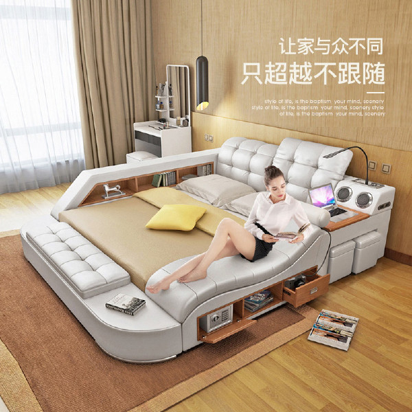 Hot selling leather and fabric bed with storage box,bed with power line slotting machine adjustable headrest smart bed