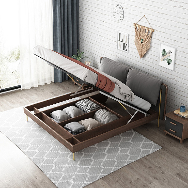 Modern minimalist bed Nordic bed master bedroom furniture set small apartment fabric wedding bed storage high box storage double