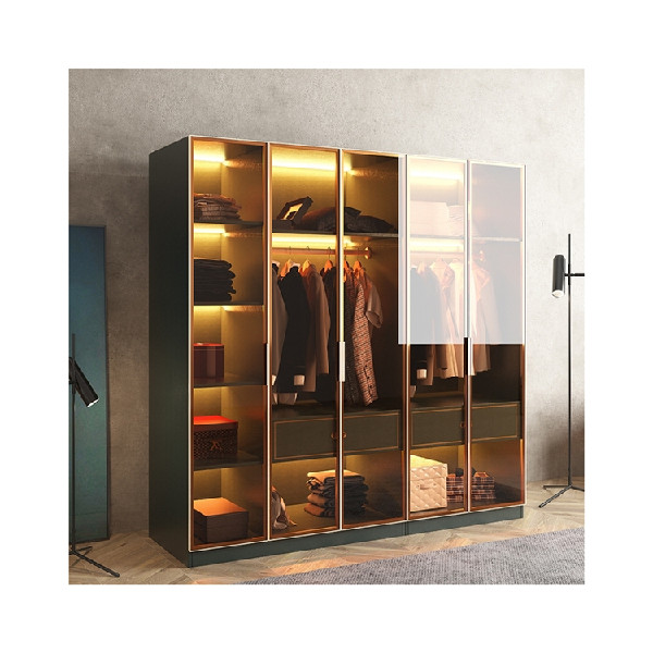 Modern affordable clothes storage cabinet free standing bedroom closet design glass door wooden wardrobe