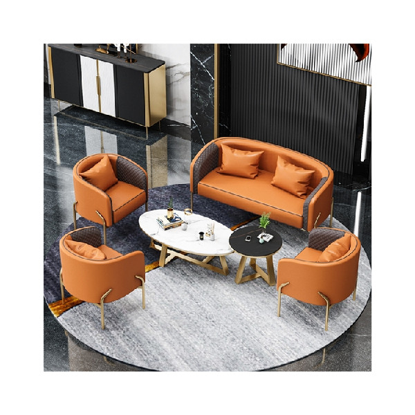 Modern Soft Light Coffee Leather Upholstered Gold Edge Frame   restaurant cafe furniture chair