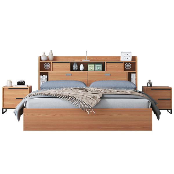 Luxury Bedroom Furniture High Leather Headboard Wooden queen size Modern Double Wood Storage Bed